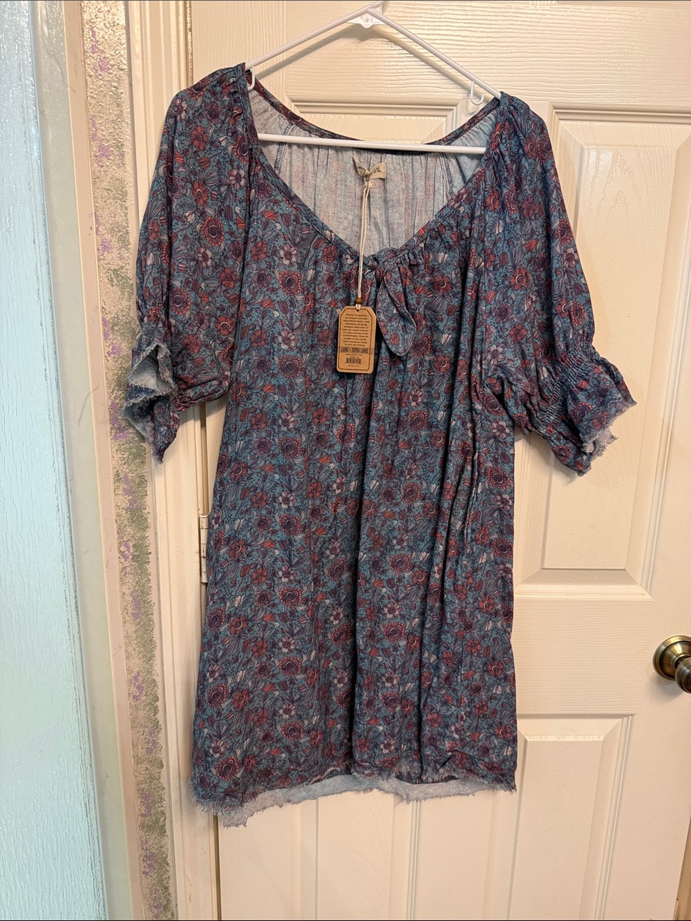 NATURAL LIFE Teal Floral Tie-Neck Tunic with Rose Accents